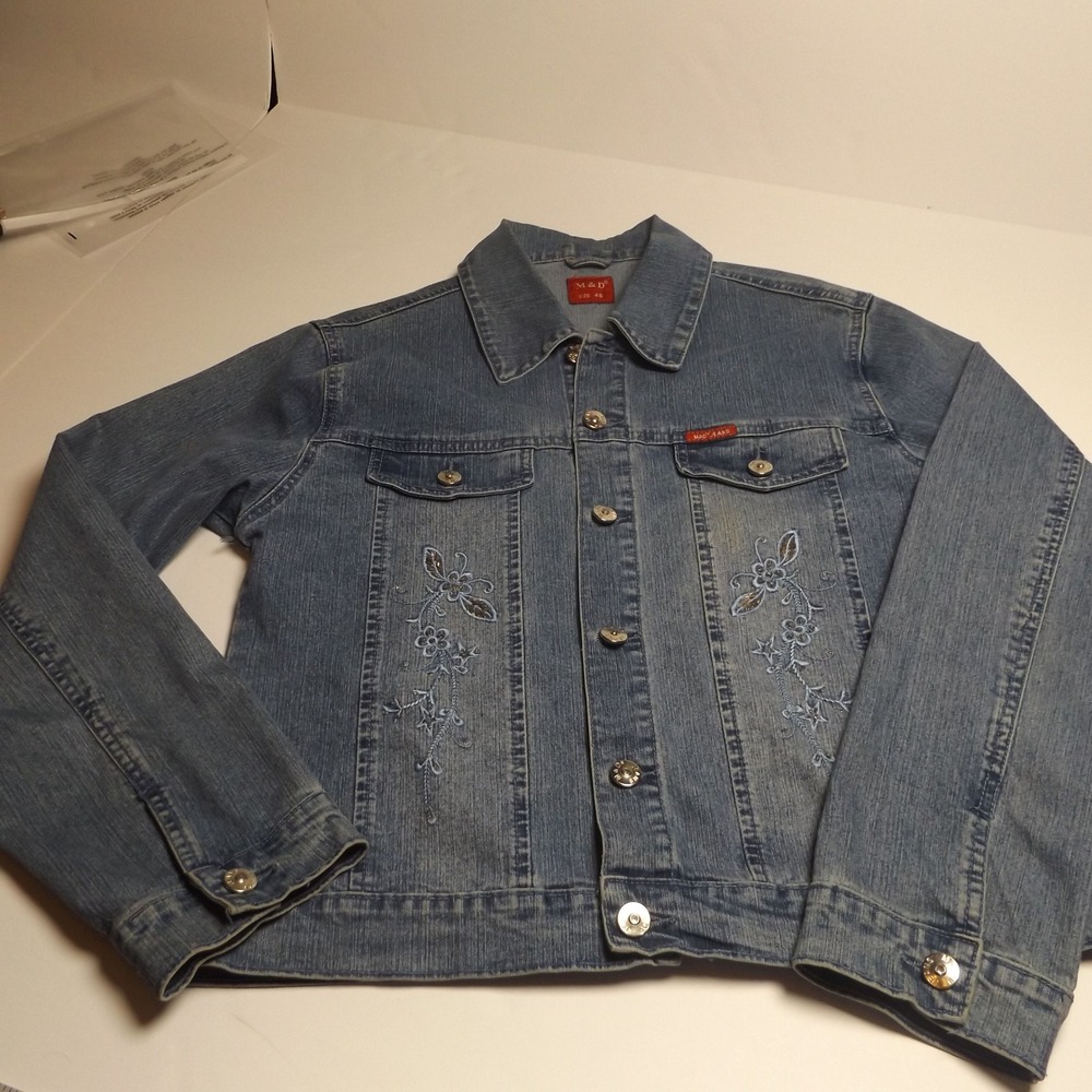 M&D Jeans Women Medium Wash Floral Embroidered Denim Trucker Jacket Size 46
